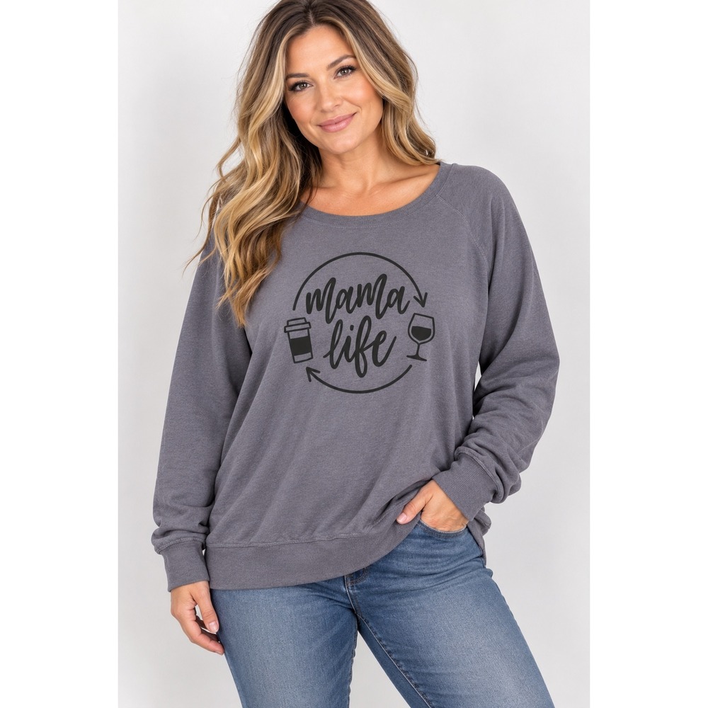 Instant Message Mama Life Sweatshirt Gray Graphic Pullover Plus 1 Coffee Wine 1X